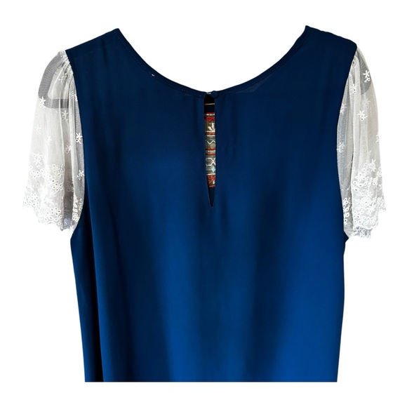 Umgee Blue and Lace Mini Dress L Boho Baby Doll Lose Flowy Embroidered - Picture 5 of 10